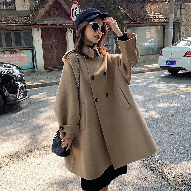 

Photo Shoot 2019 Winter New Style Korean-style Loose-Fit Coffee Color Versatile Mid-length Cloak Woolen Coat Coat Women's Fashi