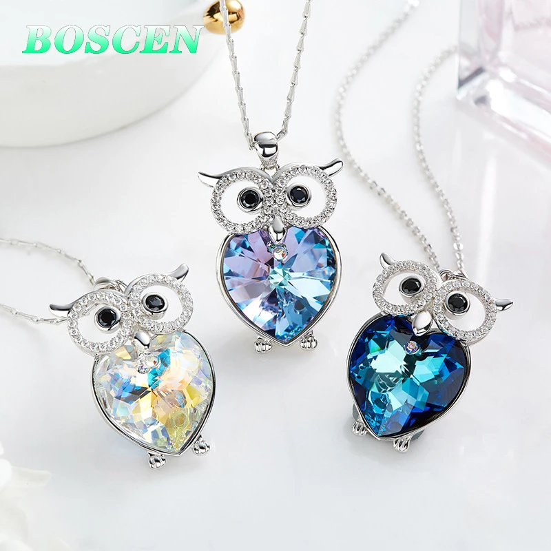 

BOSCEN 925 Sterling Silver Pendant Necklace For Women Birthday Gift Colorful Owl Embellished With Crystals From Swarovski 2019