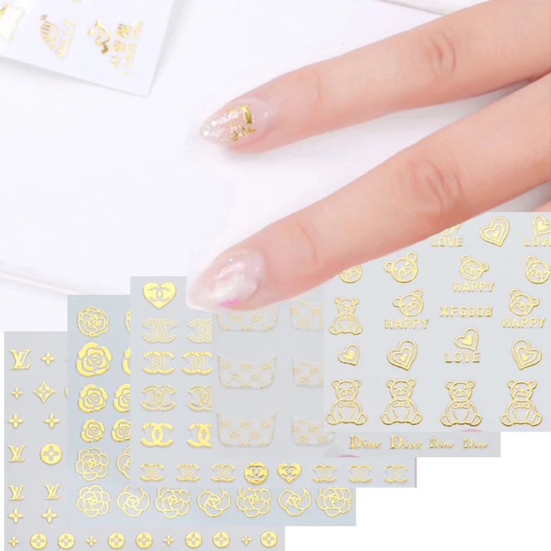 

DIY Gold Nail Adhesive Sticker Feather Flower Design Decal For Nails Hollow Sticker Decoration Nail Brand Art Manicure