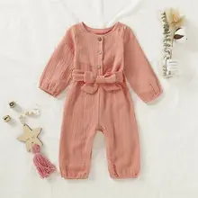 CANIS/осенний милый Песочник Комбинезон хлопковый льняной одежды с длинными рукавами и бантом для новорожденных девочек