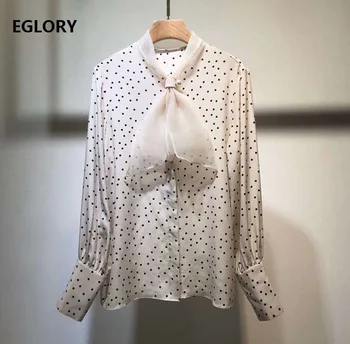 

Bow Tie Elegant Blouse Shirts 2020 Spring Summer Style Women Polka Dot Print Long Sleeve Apricot Black Shirts National Silk Tops