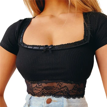 

Solid Color Women Sexy Square Neck Tops T-shirt Vest Short Sleeve Solid Color Lace Mesh Sheer Crop Top For Ladies