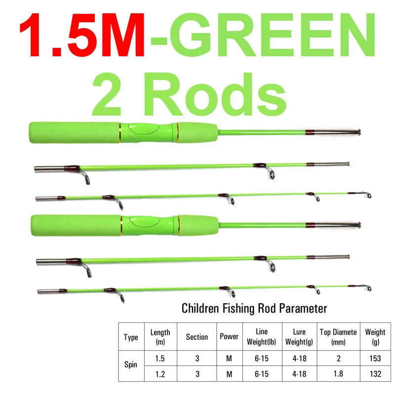 2rods1.5m green 1,2 м/1,5 м, Детская удочка, приманка, спиннинговое удилище для мальчиков и девочек, детские рыболовные удочки розового и зеленого цвета, походные уличные рыболовные снасти - Цвет: 2rods1.5m green