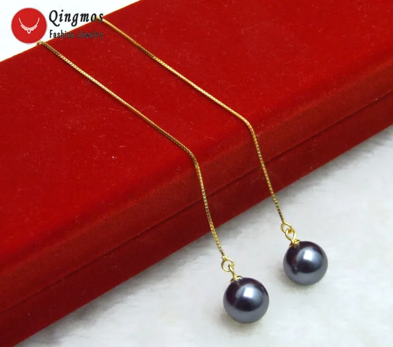 

Qingmos Black 10mm Round Sea Shell Pearl Earrings for Women with Gold-Color Sterling Silver S925 4'' Ear Line Dangle Earring 657