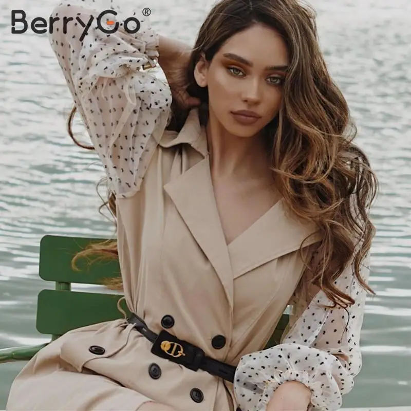 BerryGo, элегантное шикарное Женское пальто в горошек, лоскутное, прозрачное, с пышными рукавами, Женское пальто, на пуговицах, с карманами, для девушек, длинные тренчи