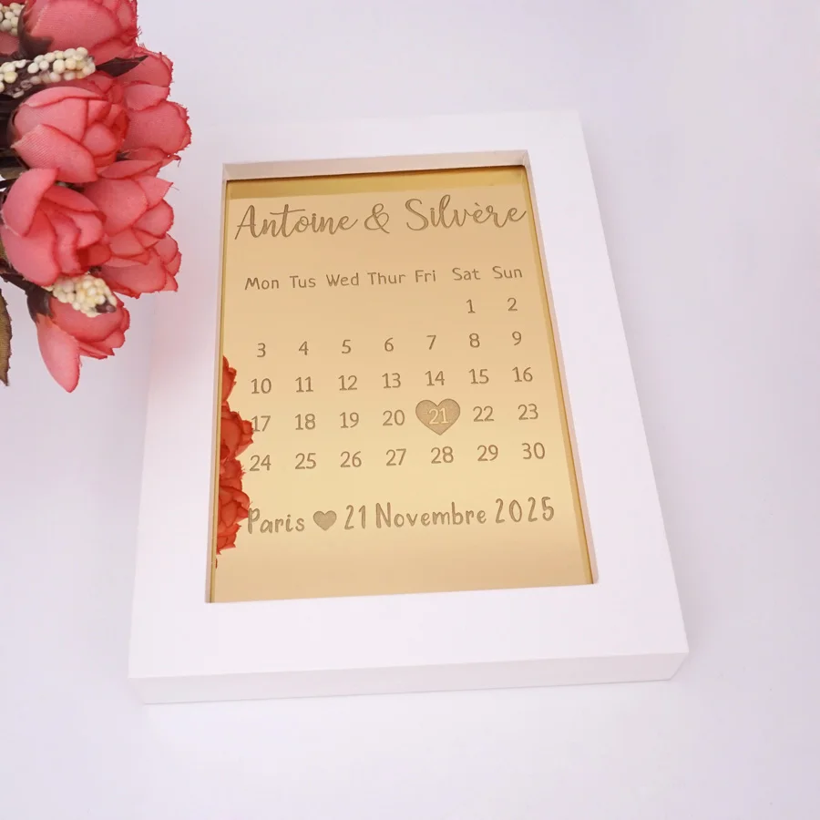 Персонализированная акриловая зеркальная рамка с календарем для свадебной вечеринки, декоративная фоторамка на заказ, деревянная рамка для украшения стола