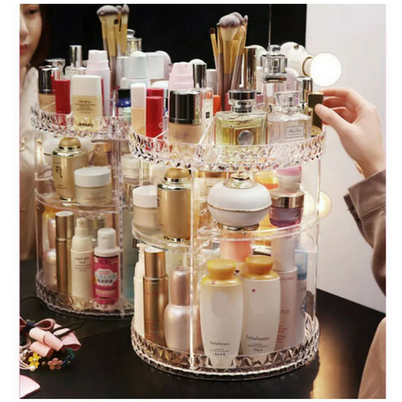 

Fashion 360 Degrees Rotating Cosmetic Crystal Makeup Organizer Storage Box Shelf Display Transparent Cosmetic Storage 2019 Hot