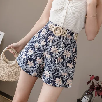 

2020 Summer Short Pants Women Flower Prints Zip High Waist A-line Shorts Pants Female Pocket Sashes Wide Leg Hot Pant Casual