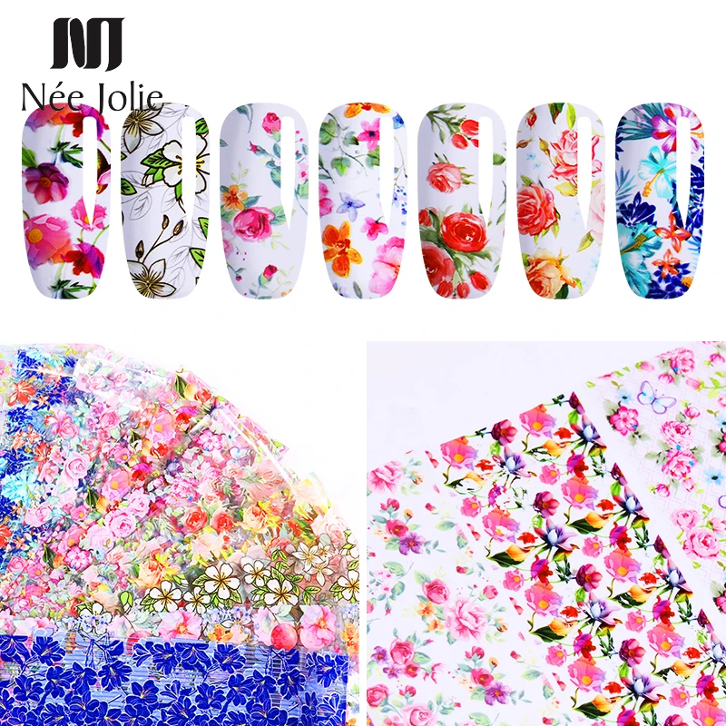 

10Pcs/Set Colorful Flowers Image Nail Foils UV Gel Nail Art Stickers Transfer Decals Mixed Flower Nails Decorations 20cm*4cm
