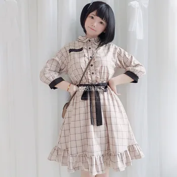 

Vintage japanese sweet lolita dress polo collar falbala lattice student victorian dress kawaii girl gothic lolita op loli cos