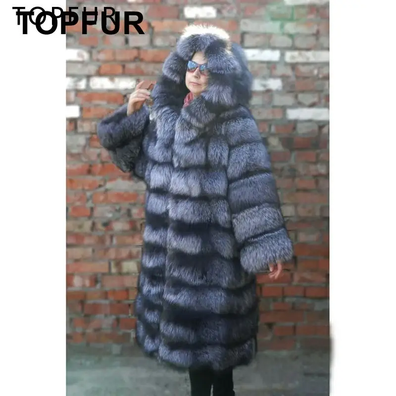 TOPFUR длинное роскошное пальто из натурального меха для женщин, модная зимняя теплая меховая куртка из натурального меха серебристой лисы, толстое меховое пальто с капюшоном, верхняя одежда