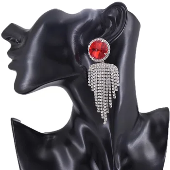 

1PR 5.7cm length red color dangle earring for women round glass rhinestones Girls tassel jewelry accessories