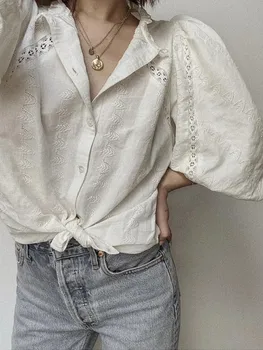 

Embroidered Women's Blouse Lace Hollow Out Ladies Lantern Sleeve Shirt 2020 Summer Romantic Blouses And Tops