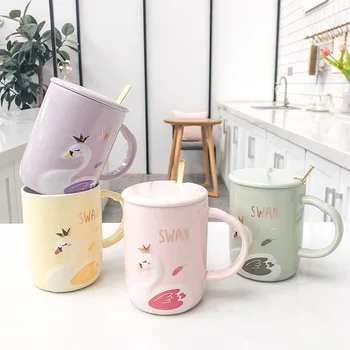

High quality relief swan ceramic mug with spoon lid,400ml Colorful glaze Breakfast Mugs Water Lovers Cup unique tea Cups