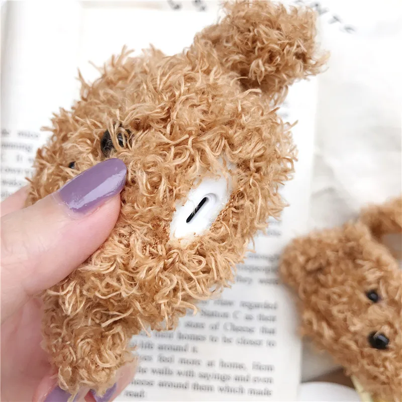 Cute Flannel teddy Dog Case For Apple Airpods Cover Funny Cartoon Bluetooth Earphone Case For air pods 2 1 Silicone Fuzzy Funda