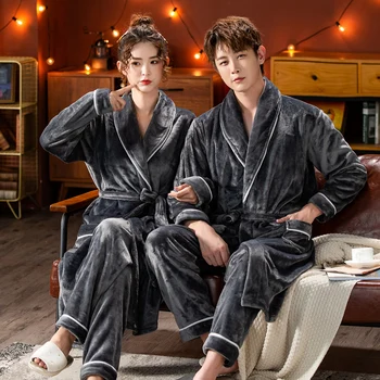 

Couple Winter Coral Fleece Kimono Robe Gray Pajamas Suit Nightwear Intimate Lingerie Casual Homewear Flannel 2PCS Sleep Set