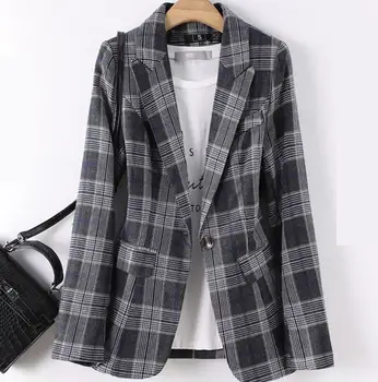 

2020 Autumn Plaid Jacket Blazer Feminino Casual Suit Jacket Women Korean Style Top Formal One Button Plus Size 3xl Clothing
