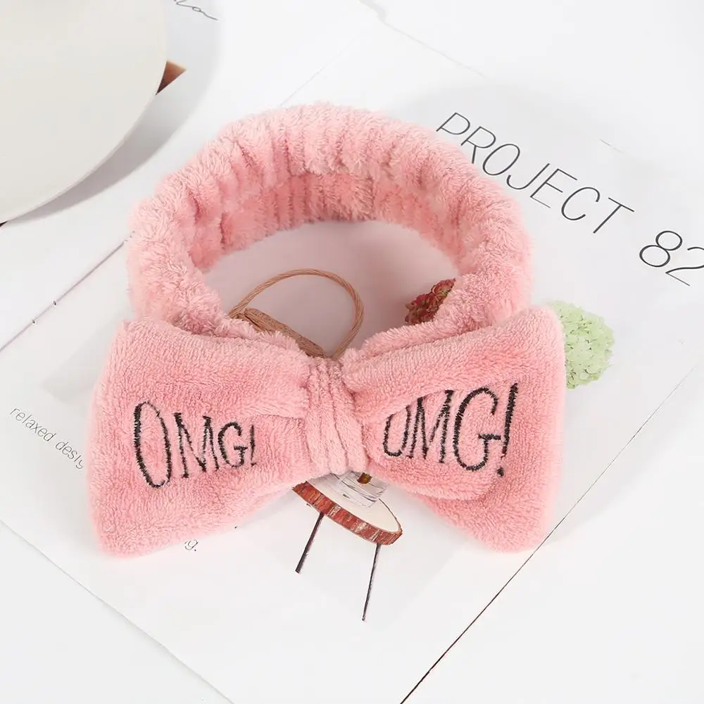 Dark Pink Новая мода смешанные цвета OMG буквы коралловый флис мыть лицо ободок с бантиком для женщин девочек эластичные повязки на голову аксессуары для волос в виде тюрбана - Цвет: Dark Pink