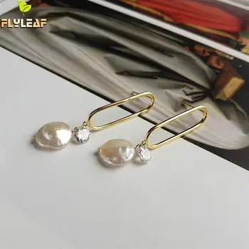 

Flyleaf Cubic Zirconia Gold Drop Earrings For Women Real 925 Sterling Silver Fine Natural Oblate Pearl Earings Fashion Jewelry