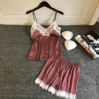 

Womens Imitation Silk Sexy Lingerie Set Push Up Padded Button Down Camisole Wide Leg Eyelash Lace Shorts Solid Color Nightwear