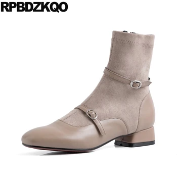 

fashion fur side zip boots zipper women genuine leather chunky suede square toe shoes short fall winter ankle 2019 autumn block