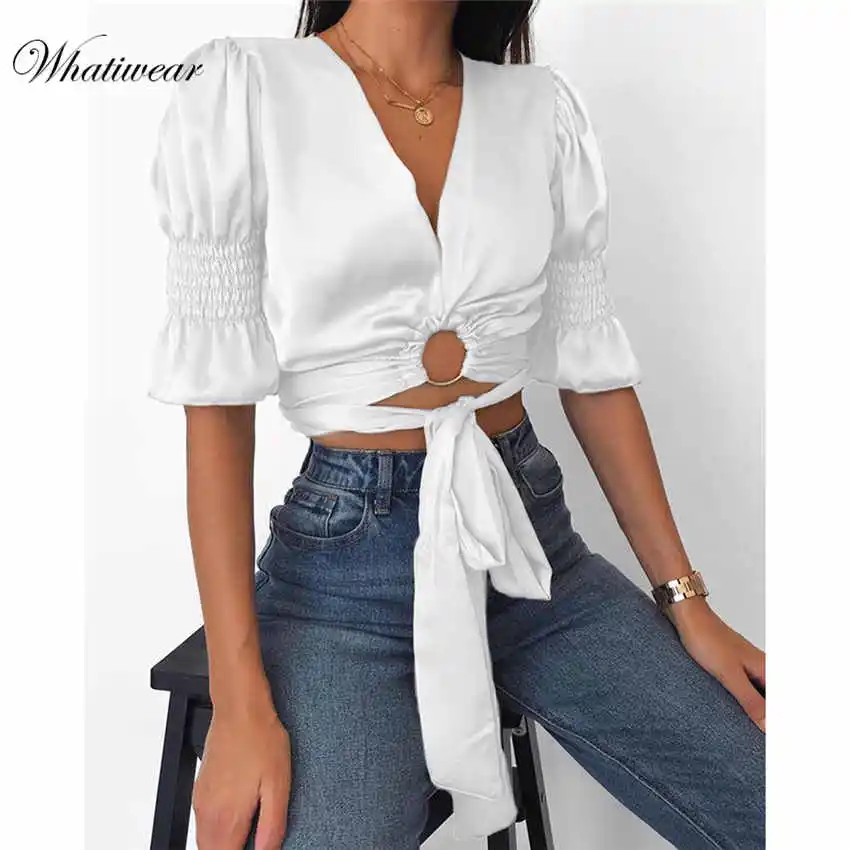 Whatiwear Boho Сексуальный летний укороченный топ, женские топы, глубокий v-образный вырез, открытая пляжная рубашка на шнуровке, blusa feminina - Цвет: White