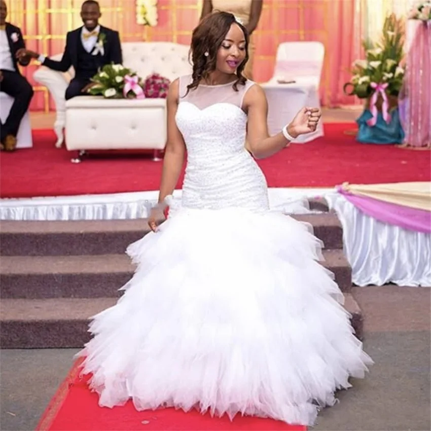 

NUOXIFANG 2020 New African Tiered Mermaid Wedding Dresses Full Beading Bridal Gown Wedding Gowns Plus Size Customized