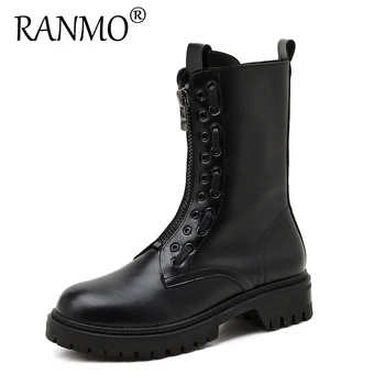 

ANN Martin boots women's thick-soled increased front zipper punk mid-tube motorcycle boots black autumn and winter boots
