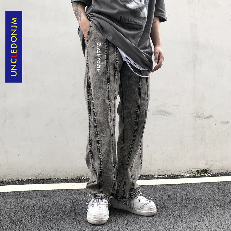 

UNCLEDONJM Snow Wash jeans for men Hip Hop 2020 AW black pants patchwork mens jeans SL-k023