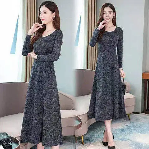 

2019 New Style Dress Autumn Clothing Women's Large Size Long Sleeve Elegant Fashion Medium-length Skirt Waist Hugging Mom Middle