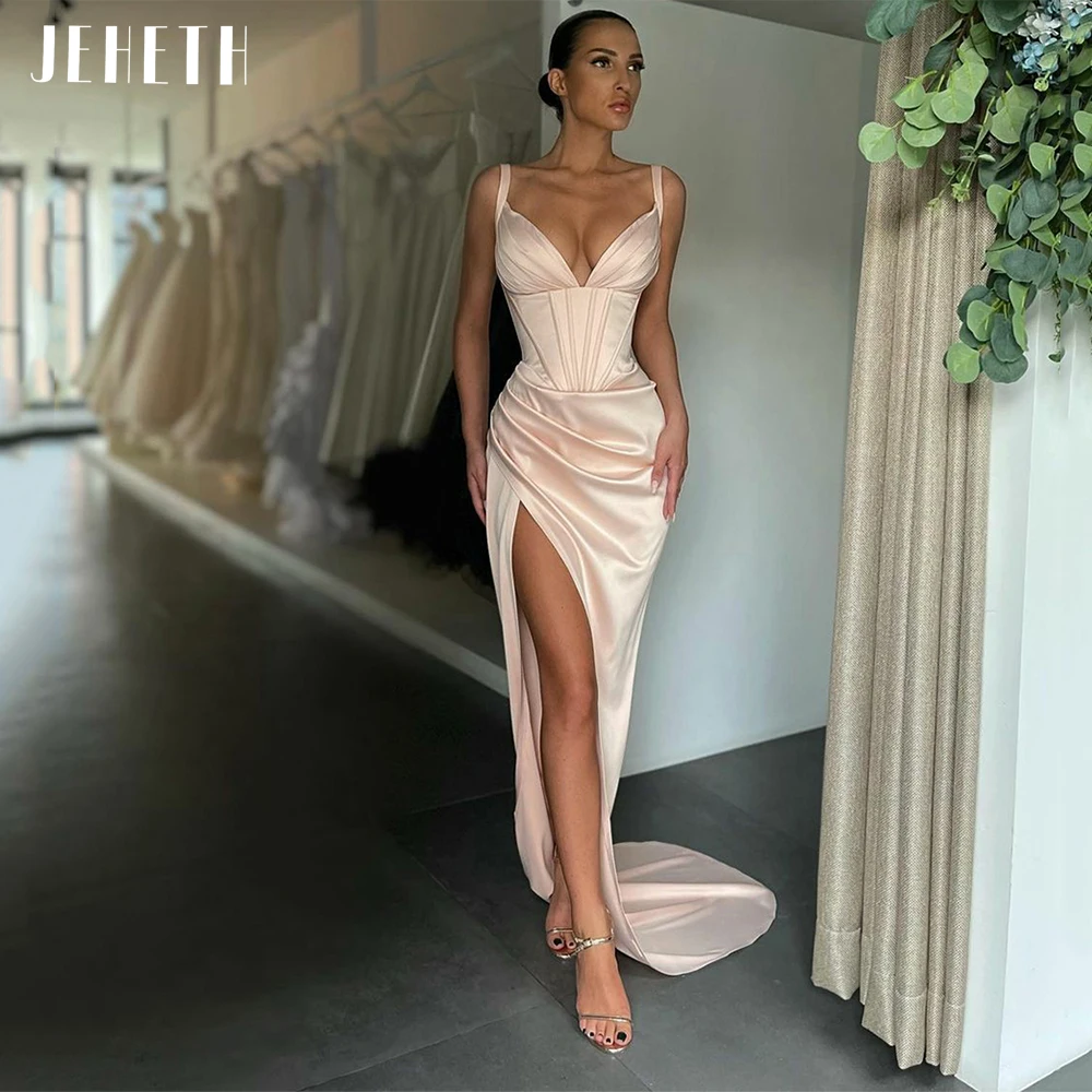 JEHETH Sexy Deep V-Neck Satin Evening Dresses Spaghetti Straps Side Split Backless Pleats Cocktail Party Gowns robes de soirée
