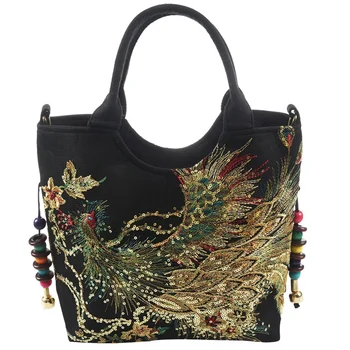 

LJL-Shiny Sequins Peacock Embroidered Women Canvas Totes Bag, Summer Shopping Shoulder Bag Vintage Beaded String Handbag