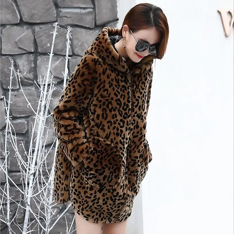 

Womens Clothing 2019 New Faux Fur Coat Women's Mid-Length Coat Leopard Print Hooded Fashion Casual Korean Women's Wear