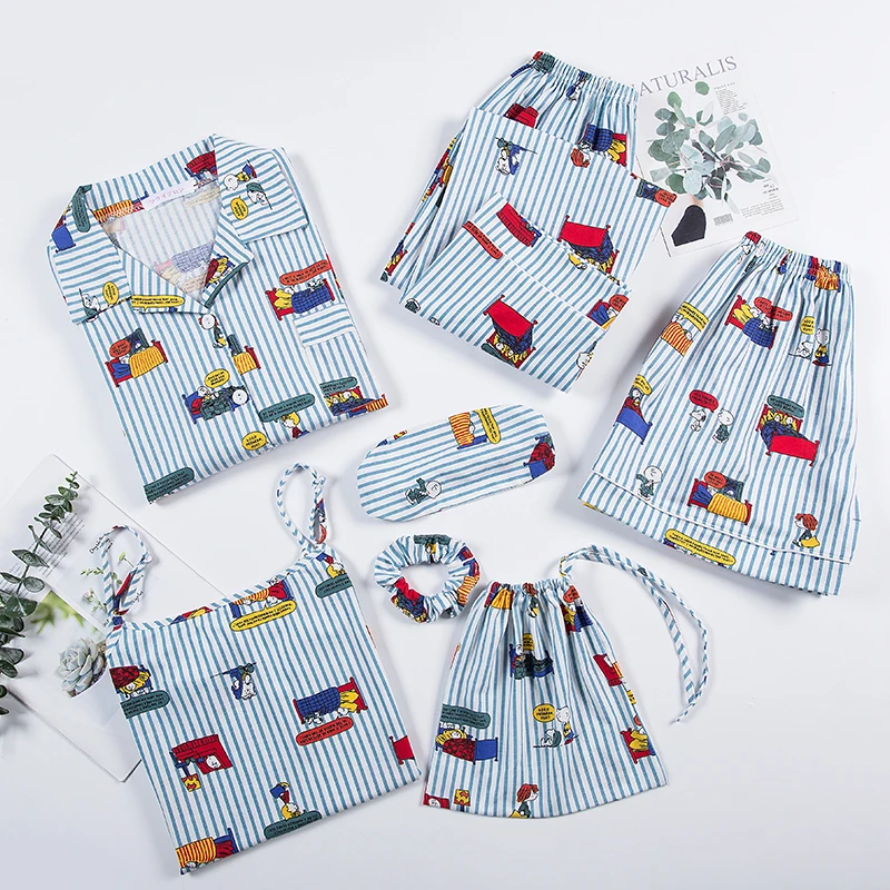 

Lounge Robe Summer Autumn Winter 7 Pcs Set Cotton Elegant Women Pajamas Short Long Sleeve Top Elastic Waist Pant Sleepwear