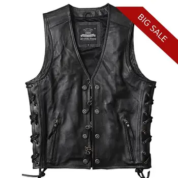 

2020 Black Men Genuine Leather Vest Double Breasted Plus Size XXXXL Slim Fit Short Real Cowhide Biker's Leather Vest