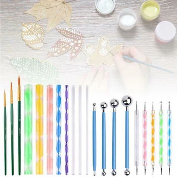 

20pcs Manicure Painting Brush Embossing Double End Nail Art DIY Dotting Tool Set Mandala Stencil Acrylic Rod Drawing Portable