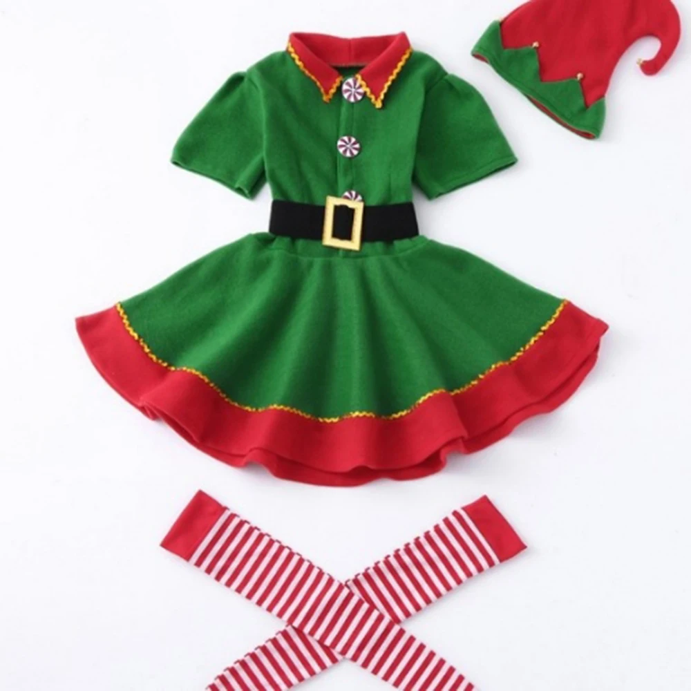 Женские и мужские для мальчиков и девочек, Рождественский костюм Санта-Клауса для детей и взрослых, семейная одежда, зеленый костюм эльфа, карнавальные вечерние костюмы