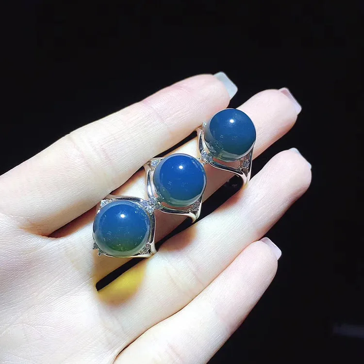 

12-13mm Mexico Blue Amber S925 Silver Ring Adjustable Universal Hand-Inch Spacious Electroplated Thick Rose Gold