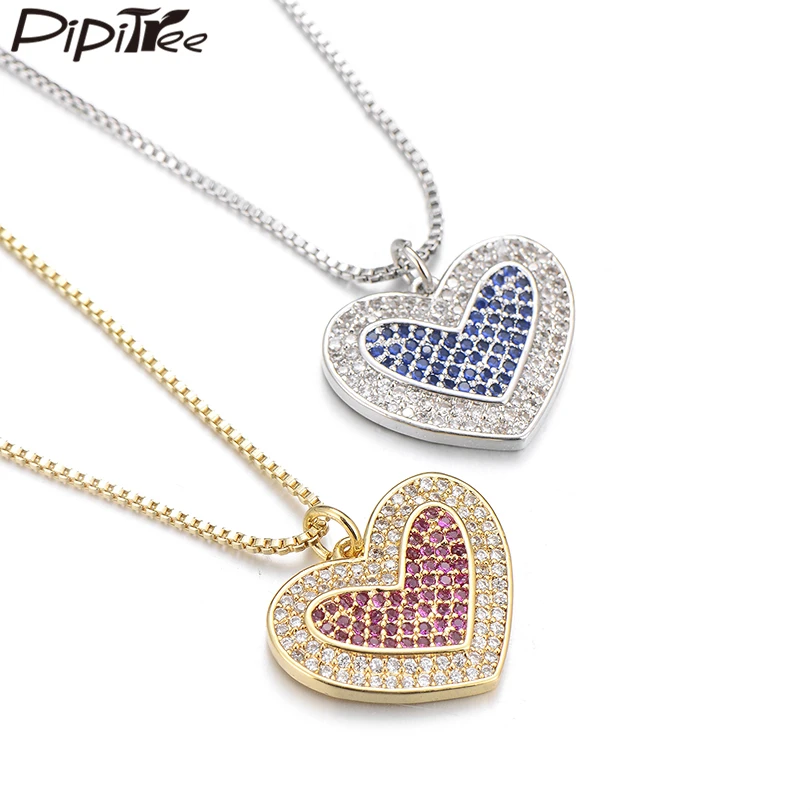 Pipitree красивый розовый и синий кубический цирконий сердце кулон ожерелье для