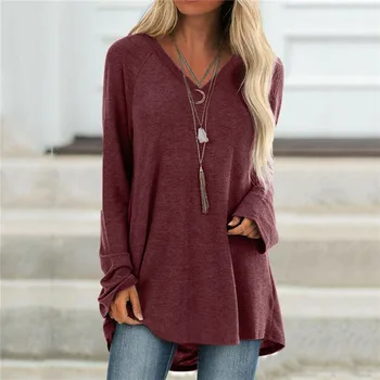 

Female Long T-shirt New Long Sleeves Baggy Tops Wear Women Solid Color Sexy V-neck Large Size Spring Autumn Pullovers Female Top