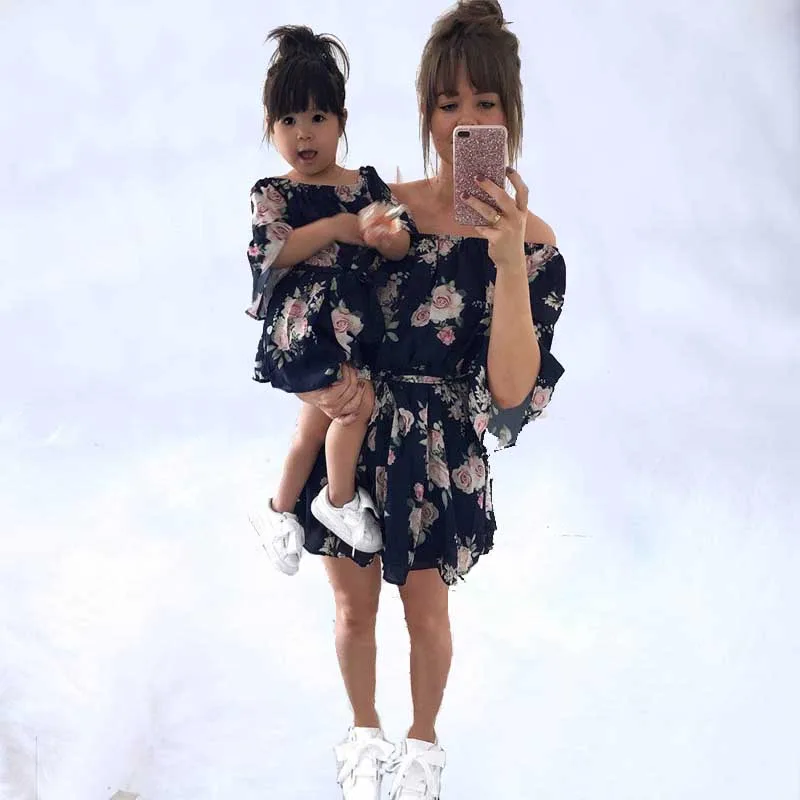 Family Matching Outfits mama and daughter dress Family Matching Outfits Off Shoulder Floral Dress Chiffon Girl Women Dresses