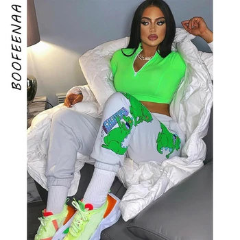 

BOOFEENAA Cartoon Dinosaur Print White Sweatpants Women Streetwear High Waist Joggers Casual Trousers Women Summer 2020 C16-AG22