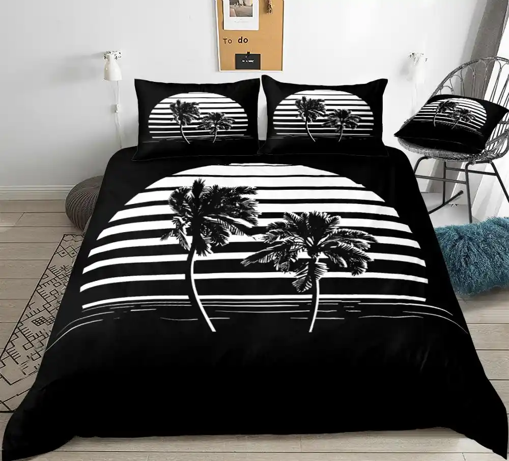 Parure De Lit Avec Motif Cocotier Housse De Couette Noire Et Blanche Plante Tropicale Linge De Lit Feuilles De Palmier Aliexpress