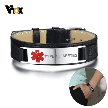 

Vnox Type 1 Diabetes Medical Alert ID Bracelets for Men Leather Watch Band Adjustable Length Sports Jewelry Dropship