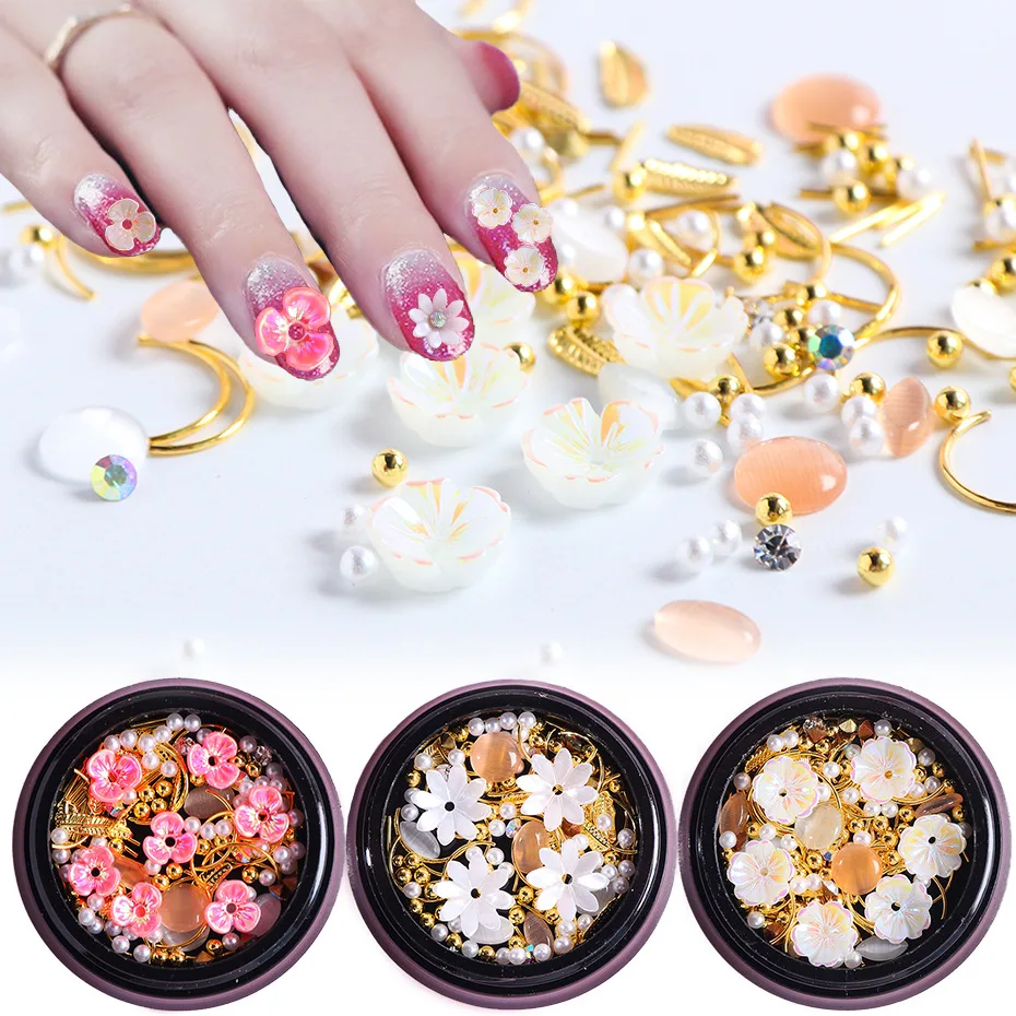 

1 Box Flower Rhinestones Mixed Metal Nail Art Decoration Charms Pearl Bead Manicure Natural Shell Handmade Gem Accessories