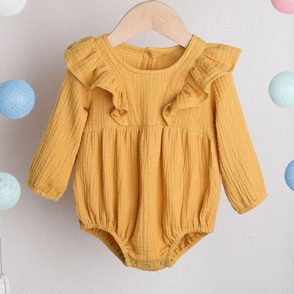 Одежда для новорожденных девочек от 0 до 24 месяцев боди с длинными рукавами, элегантный повседневный однотонный хлопковый топ, пляжный костюм, Милый наряд - Цвет: Цвет: желтый