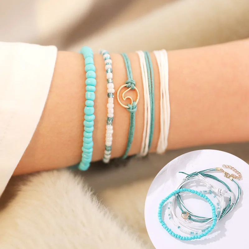 

5 Pieces Weave Strand Surfing Bead Bracelet Set Boho Enthic Handmade Adjustable Friendship Bracelet Handcrafted Jewelry Women
