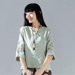 2019 новая весенняя женская традиционная китайский топ Элегантная вышивка на одно плечо хлопковая льняная рубашка Восточный Костюм Танга