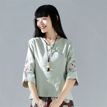 

2020 New Spring Woman Traditional Chinese Top Elegant Embroidery Oblique Collar Cotton Linen Shirt Oriental Tang Suit for Female
