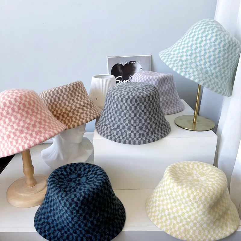 

New Warm Autumn And Winter Unisex Wool Fisherman Hat Checkered Knit Hat Sun Protection Panama Hat Men's Sun Hat Fedora Hat